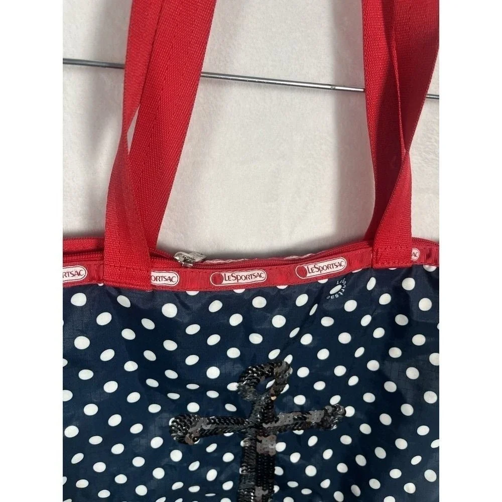 LeSportsac Tote Bag‎ Polka Dots Anchor Sequins Navy Red White Beach Nautical Zip